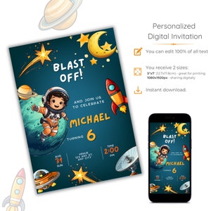 Space Birthday Party Invitation, Galaxy Astronaut Rocket Party, Editable Outer Space Invite