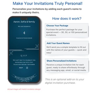 May include: A digital invitation design on a smartphone screen. The invitation is dark blue with white text, including the names "Aaron, Sofia & family" and the RSVP details. The image also includes text explaining how to personalize invitations.