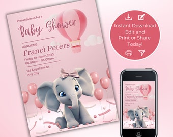 Girl Baby Shower Invitation, Baby Elephant, Instant Download, Printable & Editable Template, Animal Theme