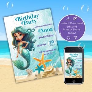Mermaid Birthday Invitation, Under the Sea Invite, Kids Invitation Template, Girl Birthday Invite, Gift for Girl