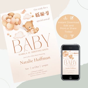 Editable Bear Baby Shower Invitation, Gender Neutral Boho Bear Baby shower, Bear-y special arrival, Teddy Bear Baby Shower