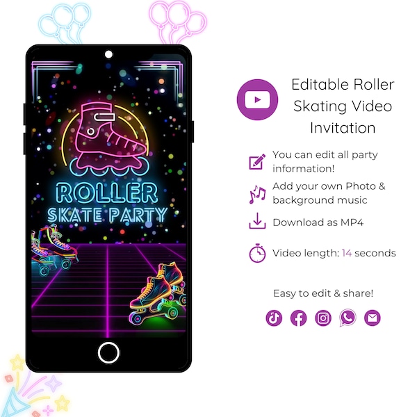 Video Roller Skating Birthday Invitation, Editable Skate Party Invite, Instant Download.