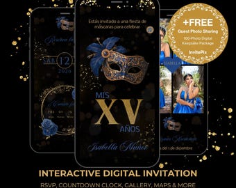Royal Blue and Gold Masquerade Quinceañera Invitation Interactive, RSVP (Digital)