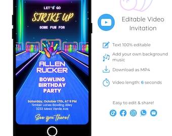 Neon Bowling Party Video Invitation: Editable Animated Template