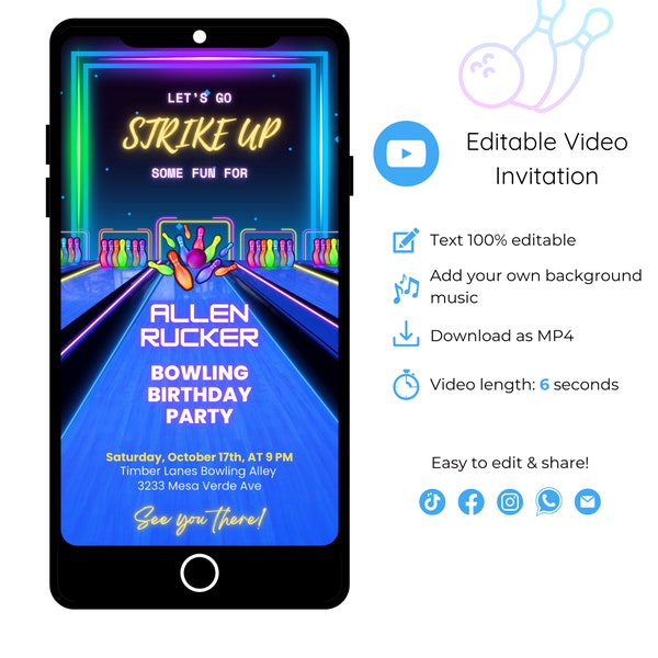 Bowling Party Video Invitation, Editable Neon Bowling Animated Invitation