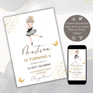Ballerina Birthday Invitation, Ballerina Dancer, Girl Birthday Editable Template, Instant download