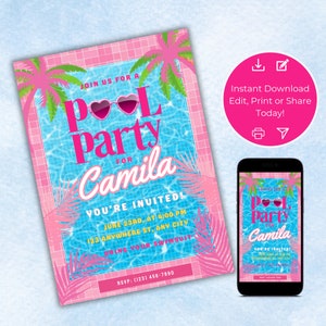 Invitación a fiesta en la piscina, invitación de cumpleaños de niña rosa fuerte, plantilla editable e imprimible, descarga instantánea