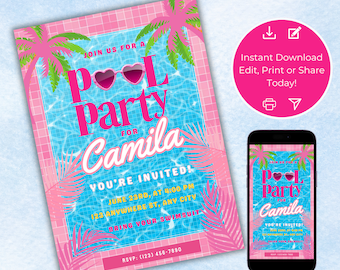 Op de afbeelding: Een roze en blauwe poolparty-uitnodiging met een zwembad, palmbomen en zonnebrillen. De uitnodiging luidt "Join us for a Pool Party for Camila" en bevat de datum, tijd en locatie van het feest. Er staat ook "You're Invited!" en "Bring your swimsuit" op.