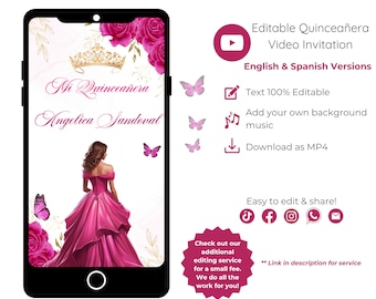 Fuchsia Video Quinceañera Invitation, Mis Quince 15 Anos, Editable Video Template, Instant Download