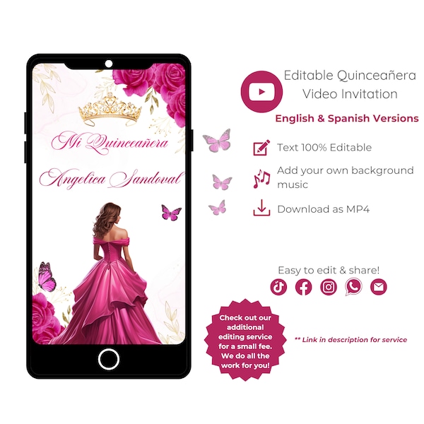 Fuchsia Video Quinceañera Invitation, Mis Quince 15 Anos, Editable Video Template, Instant Download