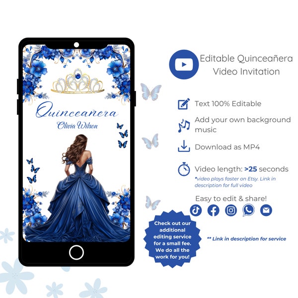Invitation vidéo Quinceañera, Royal Blue Mis Quince Anos, modèle vidéo modifiable