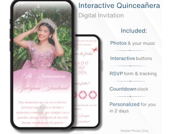 Web Quinceañera Invitation, Interactive Pink web Invite for Mis Quince 15 Anos, RSVP Tracking