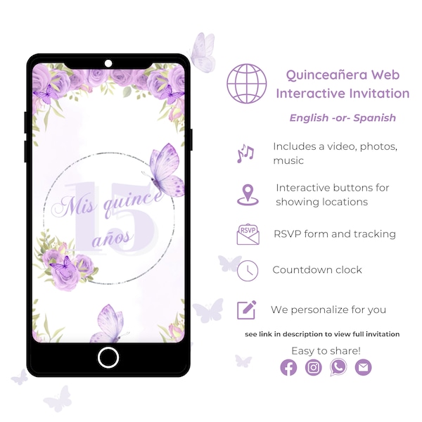 Web Quinceañera Invitation, Interactive Lilac web Invite for Mis Quince 15 Anos, RSVP Tracking