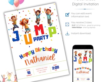 Jump Party Invitation - Editable Trampoline Birthday Invite - Bounce House Instant Download