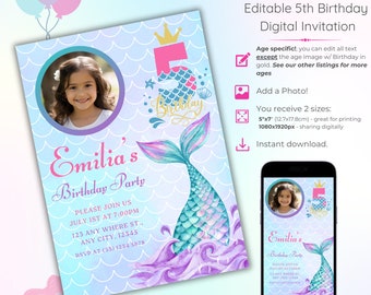 Mermaid 5th Birthday Invitation with Photo: Editable Template (Digital Download)