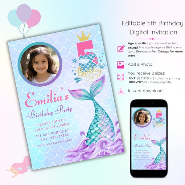 Mermaid 5th Birthday Invitation with Photo, Editable Mermaid Invitation Template