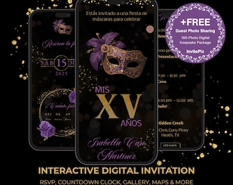 Purple & Gold Masquerade Quinceañera Invitation (Digital)