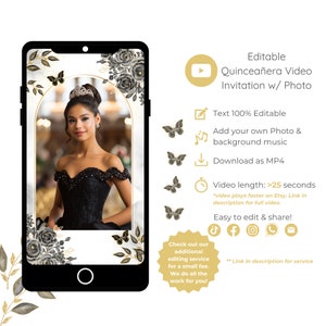 Black and Gold Quinceañera Video Invitation With Photo, Editable 15th birthday video Invite for Mis Quince 15 Anos