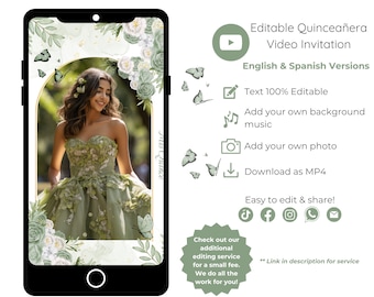 Olive Green Quinceañera Video Invitation: Editable Template (Digital Download)