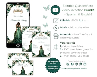 Video Quinceañera Invitation Bundle, Emerald Green Mis Quince 15 Anos, Editable Template