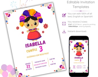 Op de afbeelding: Bewerkbare uitnodigingstemplate met een kleurrijke illustratie van een traditionele Mexicaanse pop. De template is voor een verjaardagsfeest en bevat de tekst "Isabella Cumple 3" en "Celebralo con nosotros!" De template is beschikbaar in twee formaten: 12,7x17,8 cm en 1080x1920 pixels.