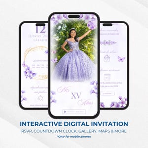 Quinceañera Invitation, Lilac Lavender Blossoms web interactive, Invite for Mis Quince 15 Anos, RSVP Tracking