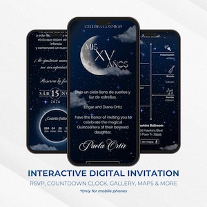 May include: A digital invitation for a Quinceañera, a celebration of a girl's 15th birthday. The invitation features a crescent moon, stars, and the text "Mis XV Años" in a blue and white color scheme. The invitation also includes a countdown clock, RSVP button, and map to the event.