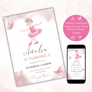 Ballerina Birthday Invitation, Pink Ballerina Dancer, Girl Birthday Editable Template, Instant download