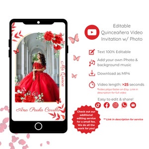 Quinceañera Video Invitation With Photo, Editable Scarlet Red Video Invite for Mis Quince 15 Anos