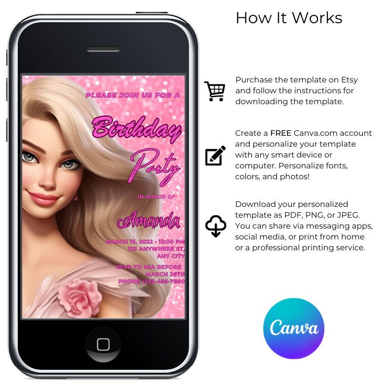 Pink Girl Birthday Invitation Digital Print Editable Etsy