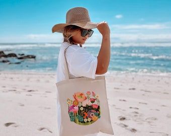 FLOWER PATCH : Colorful Cotton Canvas Everyday Floral Shopping Tote Bag