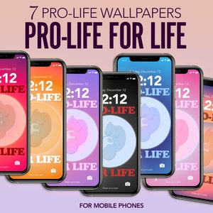 Peut inclure: Sept fonds d'écran de téléphone différents avec un message pro-vie. Chaque fond d'écran présente une image stylisée d'un fœtus avec le texte "12:12 PRO-LIFE FOR LIFE".