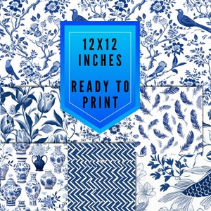 15 Digital Papers 12 x 12 In. Chinoiserie Blue & White Scrapbook Designs - Blue and white paper French China Asia Stationery Gift Wrap