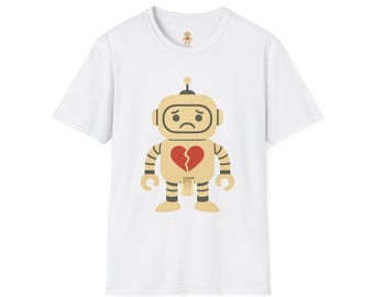 Sad Robot Unisex Softstyle T-Shirt, Cute Graphic Tee, Unique Gift, Casual Wear, Heartbreak Theme, Gamers, Tech Lovers