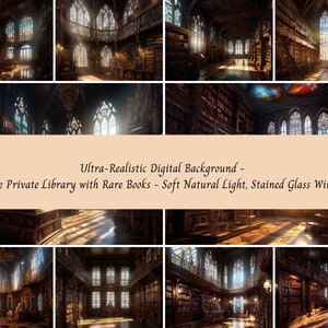 10 Realistic Digital Background Castle Library Soft Natural Light Stained Glass Window Senior Pictures Prom CosPlay Photo Shoot