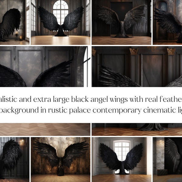 Realistic Extra Large Black Angel Wings  Rustic Palace Lighting Feathers Photo Shoot Halloween Digital Download