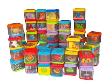Elige tu propio alfabeto vintage Fisher Price Peek-A-Boo Sensorial Bloques / Cubos Animal Zoo Comida Elige uno