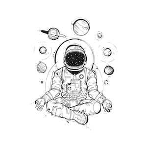 May include: A black and white line drawing of an astronaut meditating in space, surrounded by planets.
