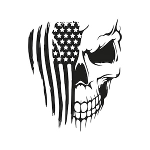 May include: Black and white illustration of a skull with an American flag covering one side of the skull.