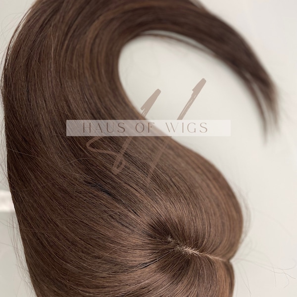 Topper de cabello humano con base de seda marrón chocolate de 16 "