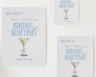 Plakat Bikinis and Martinis | Znak Canva na wieczór panieński | Szablon znaku powitalnego na imprezę przy basenie