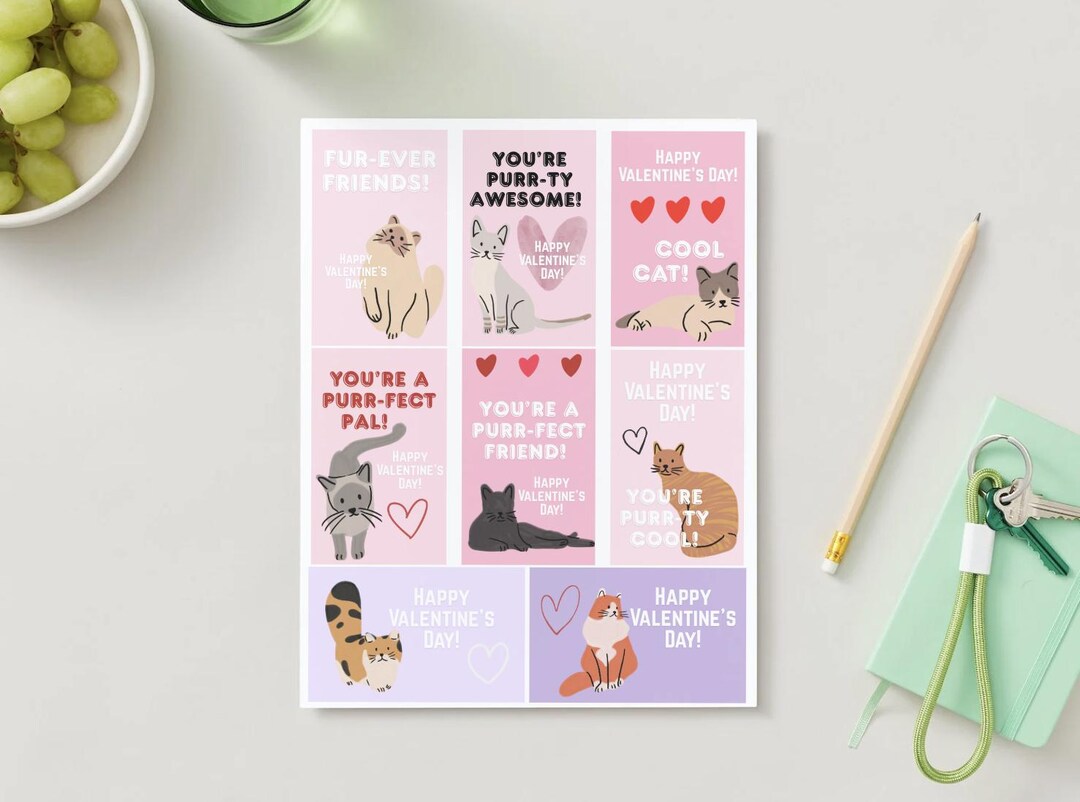 Cat Valentine Cards Printable | Classroom Valentines Day Cards | Kids ...