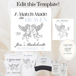 May include: A set of customizable party favors featuring a white tank top, a black and white baseball cap, a white can cooler, and a white can with a black and white design of two angels with the text "A Match Made in Heaven" and "Jen's Bachelorette Scottsdale, AZ".