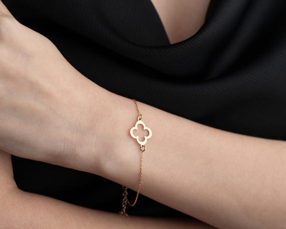 繊細な四つ葉のクローバーブレスレット：925シルバー、14Kゴールド 