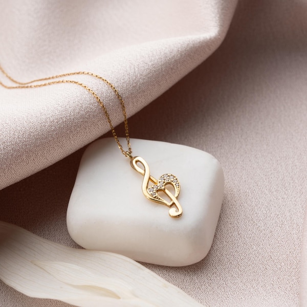 Collar de corazón con clave de sol: plata 925, colgante musical chapado en oro de 14 quilates,
