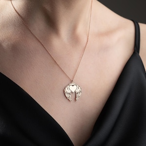 Angel Wing Heart Necklace, 925 Silver, 14K Gold Plated Memorial Jewelry, Halo Charm Pendant, Gift for Her, Rose Gold Silver Gold Chain