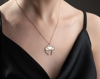 Angel Wing Heart Necklace: 925 Sterling Silver, 14K Gold Plated Halo Pendant,