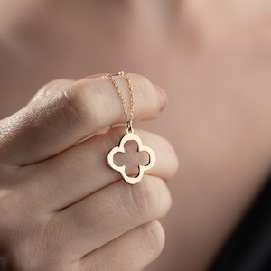 Clover Necklace, 925 Silver, 14K Gold Plated Four Leaf Outline Pendant, Dainty Lucky Charm Jewelry, Gold Silver Rose Gold Gift For Her