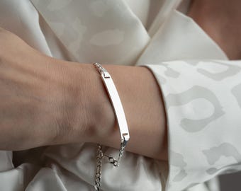 Pulsera de plata de ley grabable con placa de identificación: Joyería personalizada