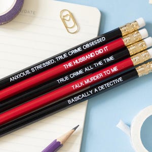 True Crime junkie pencils set, perfect gift for him, her, secret Santa under 10 and any true crime documentary fan